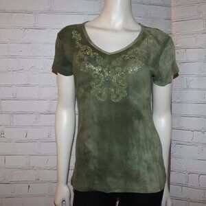 💚✨🌿 Bay Studio Tee · Green Tie-Dye + Rhinestones · Size L